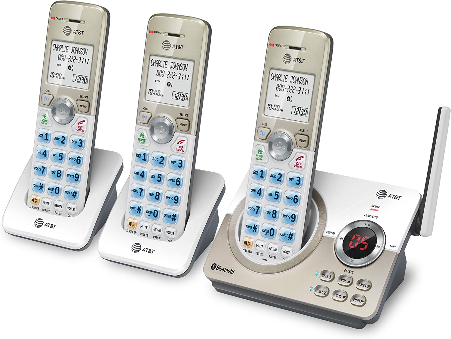 AT&T DL72319 DECT 6.0 Teléfono inalámbrico de 3 auriculares para el hogar  con conexión a la celda, bloqueo de llamadas, intercomunicador – Sofix