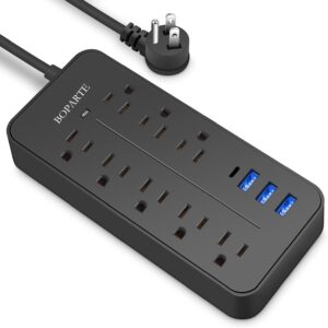 BOPARTE USB Multicontacto, Regleta de 1,8 m, 8 salidas, 3 puertos de carga USB, (5 V / 2 A), 1 puerto Type-C, Conector múltiple, Enchufe de pared con toma de corriente, Regleta para el hogar, oficina, dormitorio, Negro