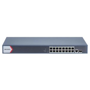 Switch Gigabit PoE+ / Administrable / 16 Puertos 1000 Mbps PoE+ / 1 Puerto 1000 Mbps de Uplink / 1 Puerto SFP / Configuración Nube desde Hik-Partner Pro / Modo Extendido hasta 300 Metros / 230 Watts