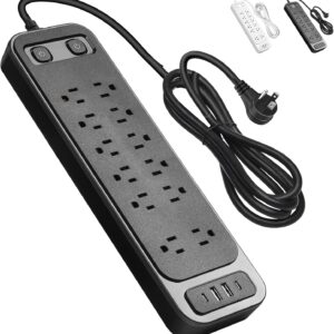 GALASALA Regleta Multicontacto, Extensión Eléctrica de 1,8 M, Enchufe Plano, 12 Tomas, 4 USB (2 USB-C), con Protector contra Sobretensiones, Oficina - Hogar