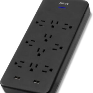 PHILIPS EZFit -  Enchufe Plano, Tira de alimentación con Protector de sobretensiones de 10 Tomas, Cable de extensión Trenzado de 6 ft, 2 Puertos USB