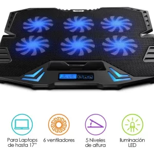REDLIMON Soporte para Laptop Gamer con ventilación, Luz LED, Ajustable Laptop de 9” a 17”, 5 Niveles de Inclinación, Antideslizante con 6 Ventiladores y 6 Velocidades, 2 Puertos USB
